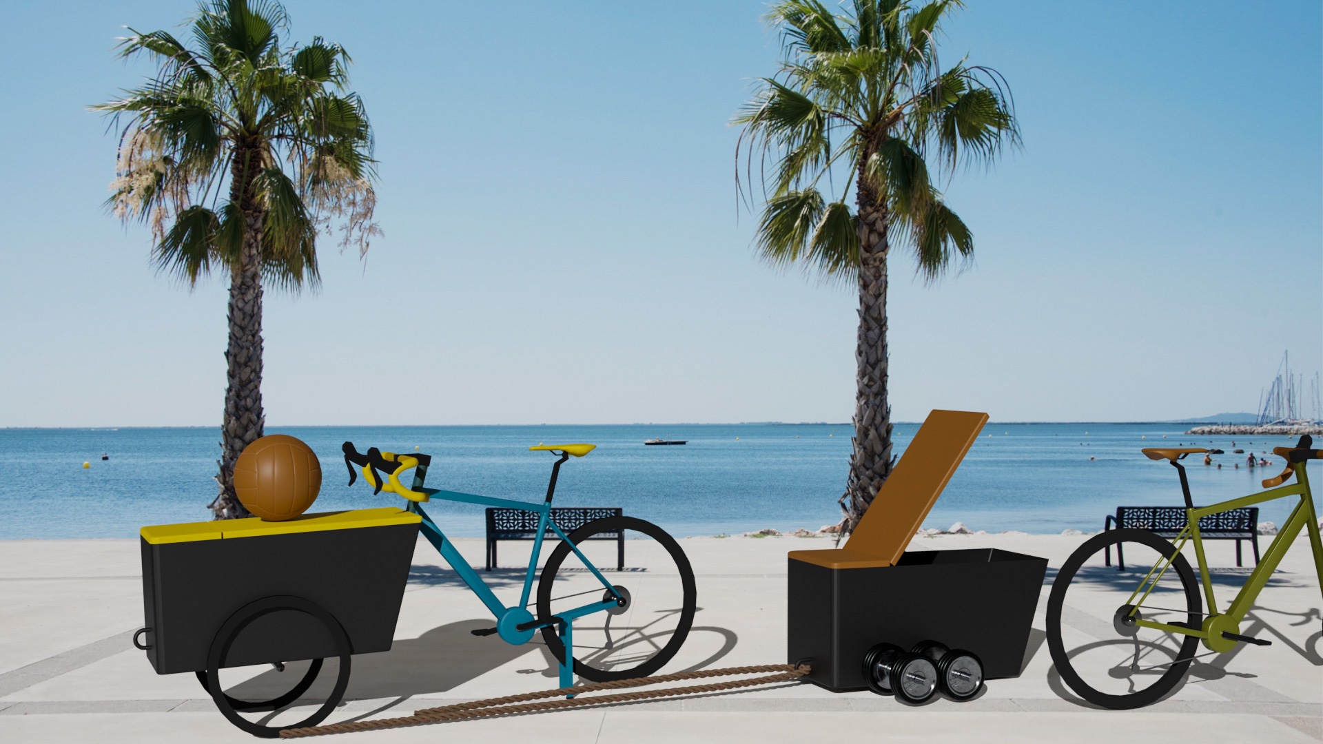 two Gymbikes in front of the beach ready to workout